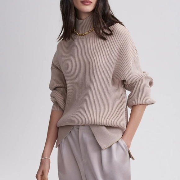 Varley Mayfair Mockneck Knit Sweater, Ribbed, Long Sleeve, Color Cement, Size XS - Picture 1 of 15